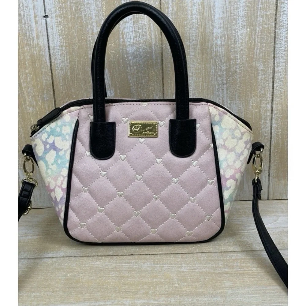 Luv Betsey Johnson Dome Satchel Crossbody Pink Quilted w/ Hearts Black Strap